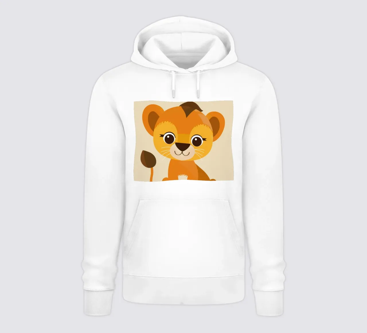Cucciolo di leone dei cartoni animati seduto giocosamente su uno sfondo chiaro felpa con cappuccio da DesignDoodle