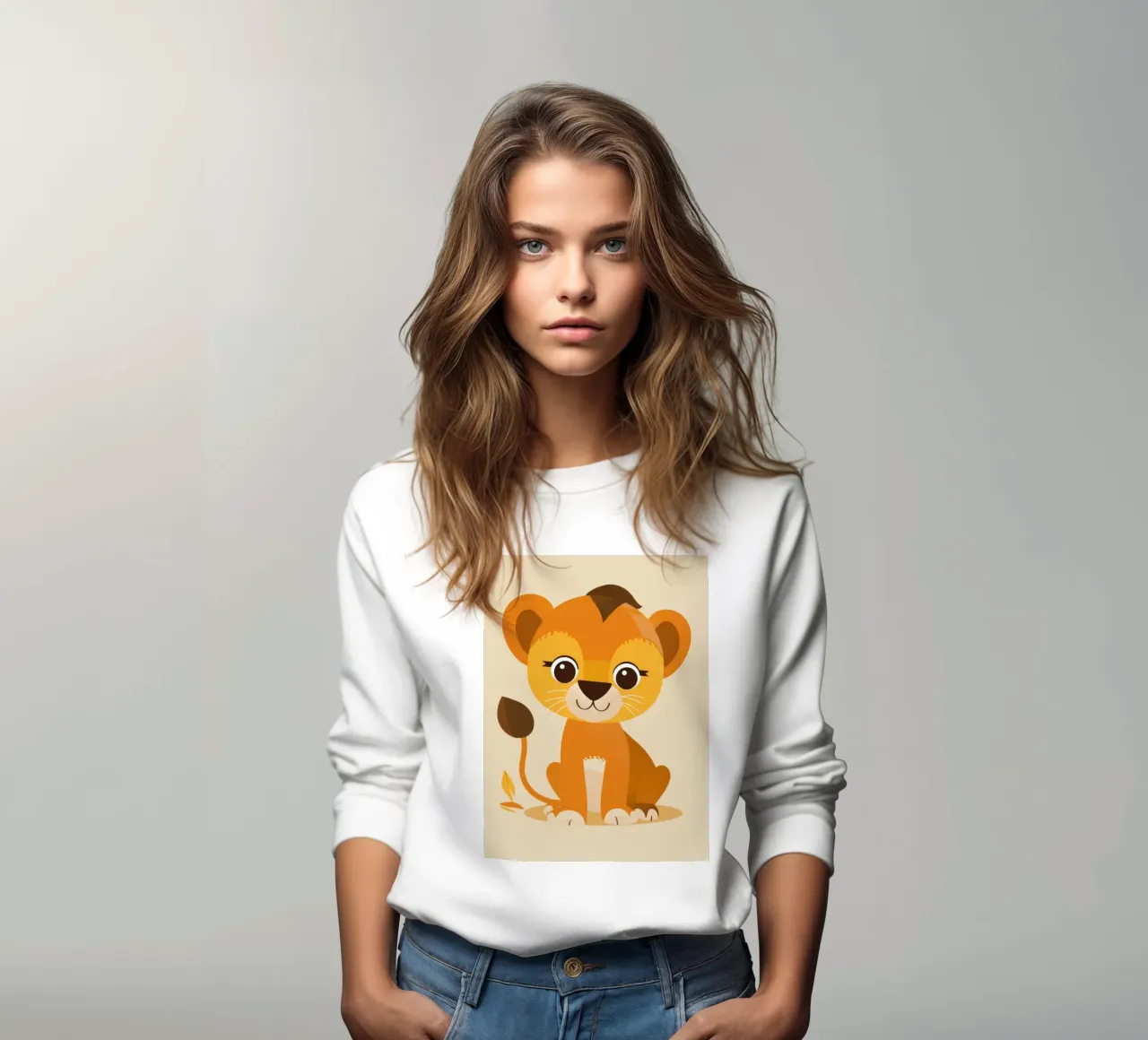 Cucciolo di leone dei cartoni animati seduto giocosamente su uno sfondo chiaro felpa da DesignDoodle