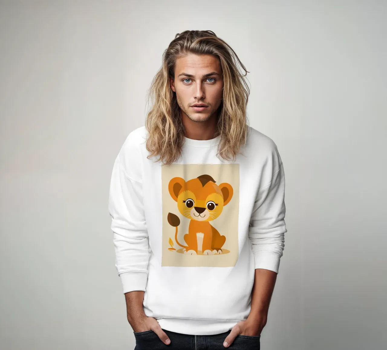 Cucciolo di leone dei cartoni animati seduto giocosamente su uno sfondo chiaro felpa da DesignDoodle