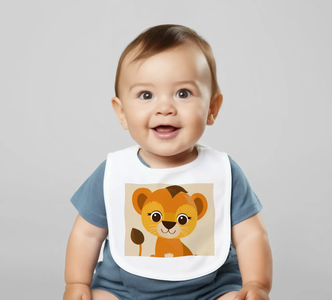 Cartoon lion cub sits playfully against a light background baby bib by DesignDoodle