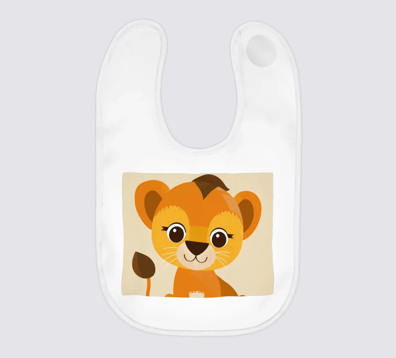 Cartoon lion cub sits playfully against a light background baby bib by DesignDoodle