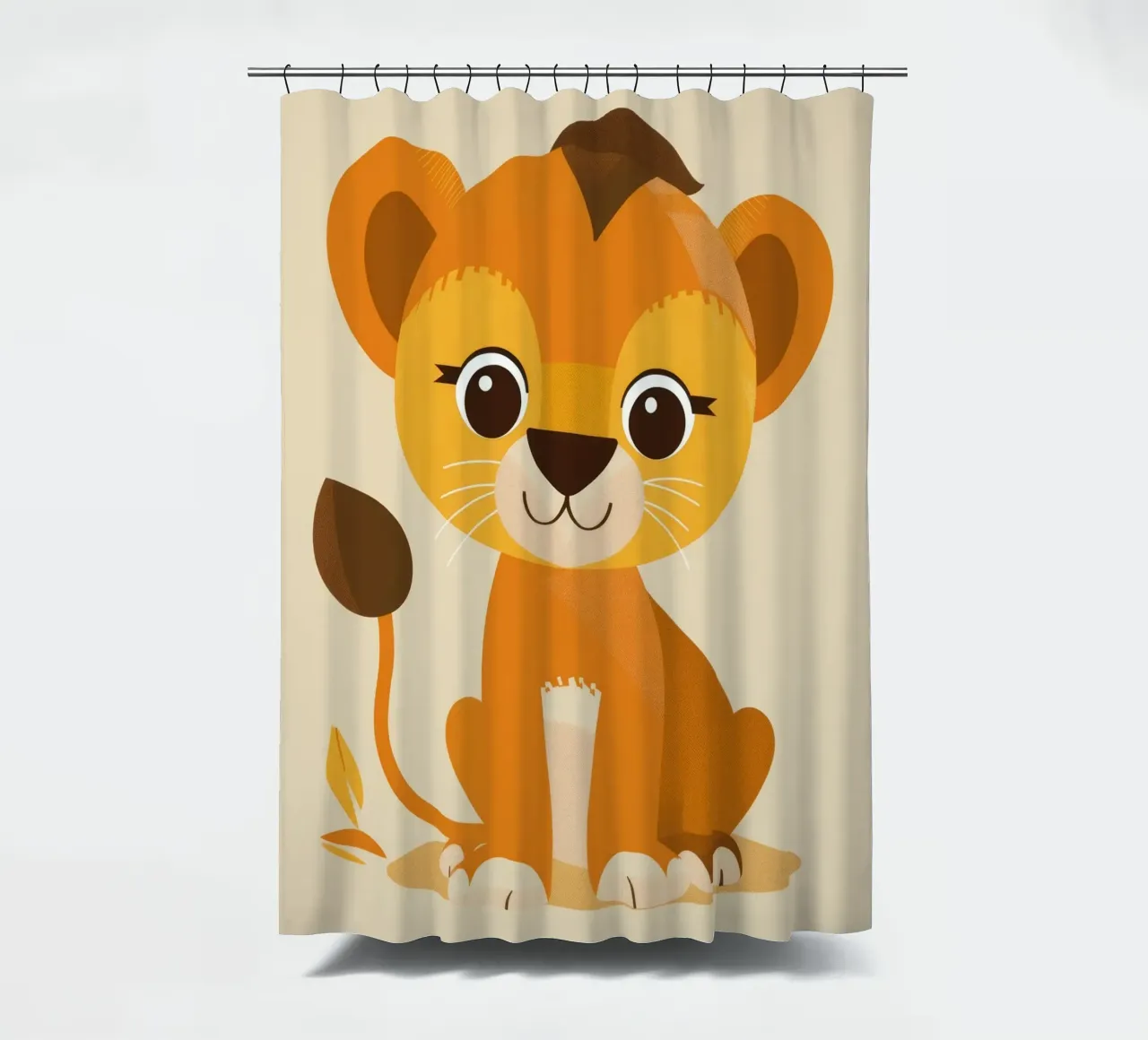 Cachorro de león de dibujos animados sentado juguetonamente sobre un fondo claro cortina de baño de DesignDoodle