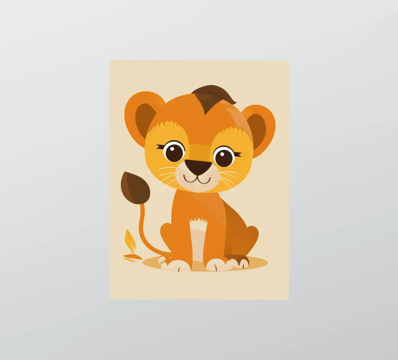 Het leeuwenwelpje van het beeldverhaal zit speels tegen een lichte achtergrond sticker van DesignDoodle