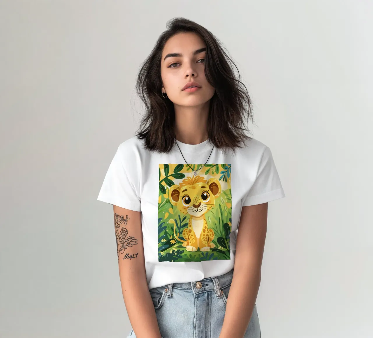Schattig jong leeuwenwelpje omringd door weelderig groen gebladerte t-shirt van DesignDoodle
