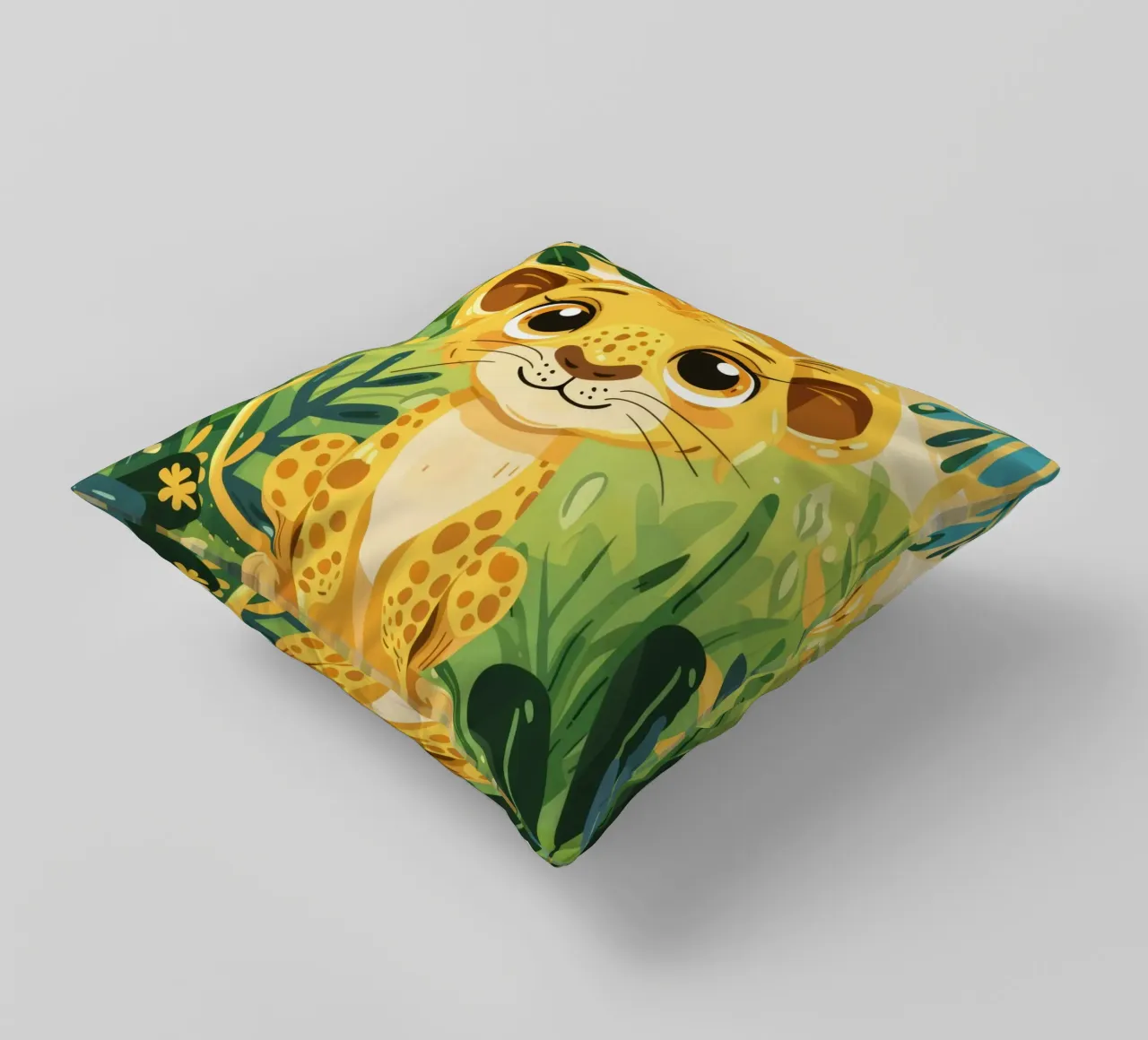 Giovane cucciolo di leone circondato da un fogliame verde e rigoglioso cuscino da DesignDoodle
