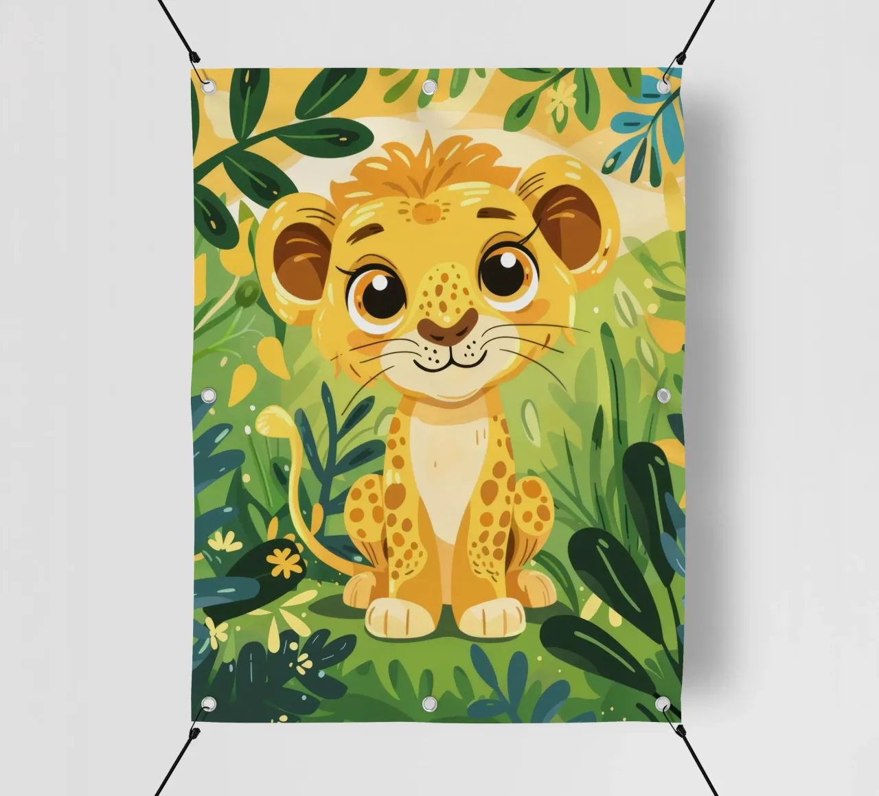 Schattig jong leeuwenwelpje omringd door weelderig groen gebladerte pvc-zeil van DesignDoodle