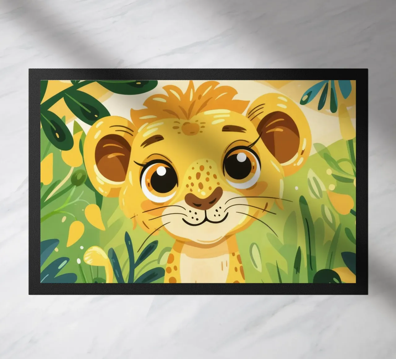 Schattig jong leeuwenwelpje omringd door weelderig groen gebladerte deurmat van DesignDoodle