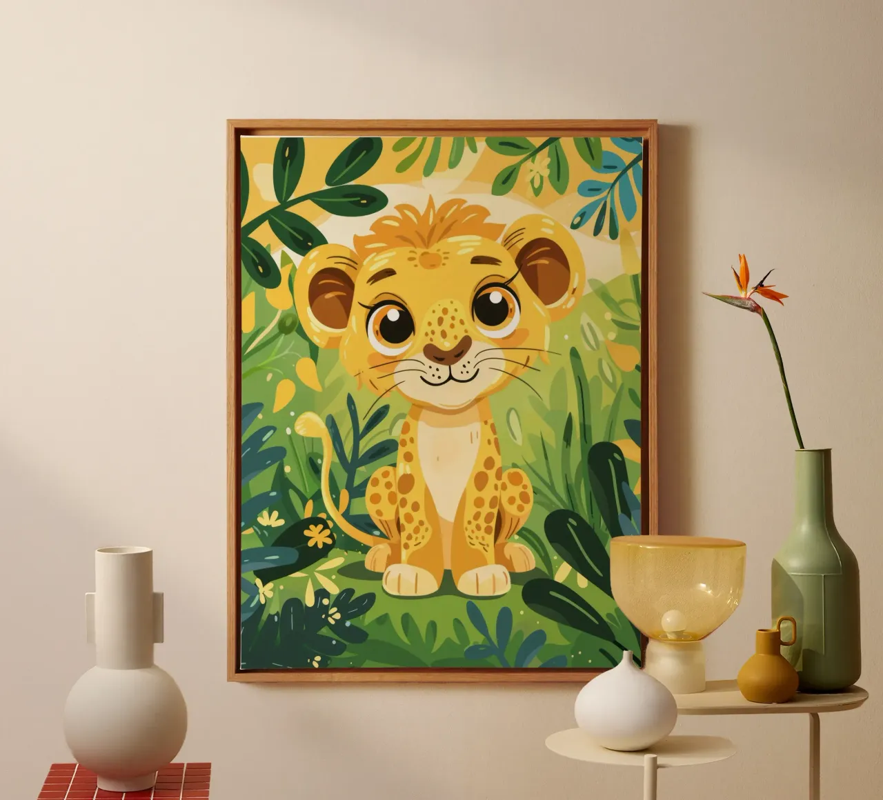 Schattig jong leeuwenwelpje omringd door weelderig groen gebladerte canvas van DesignDoodle