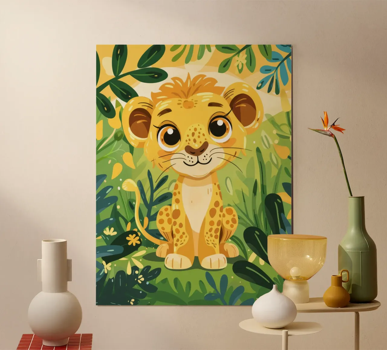 Schattig jong leeuwenwelpje omringd door weelderig groen gebladerte hahnemühle van DesignDoodle