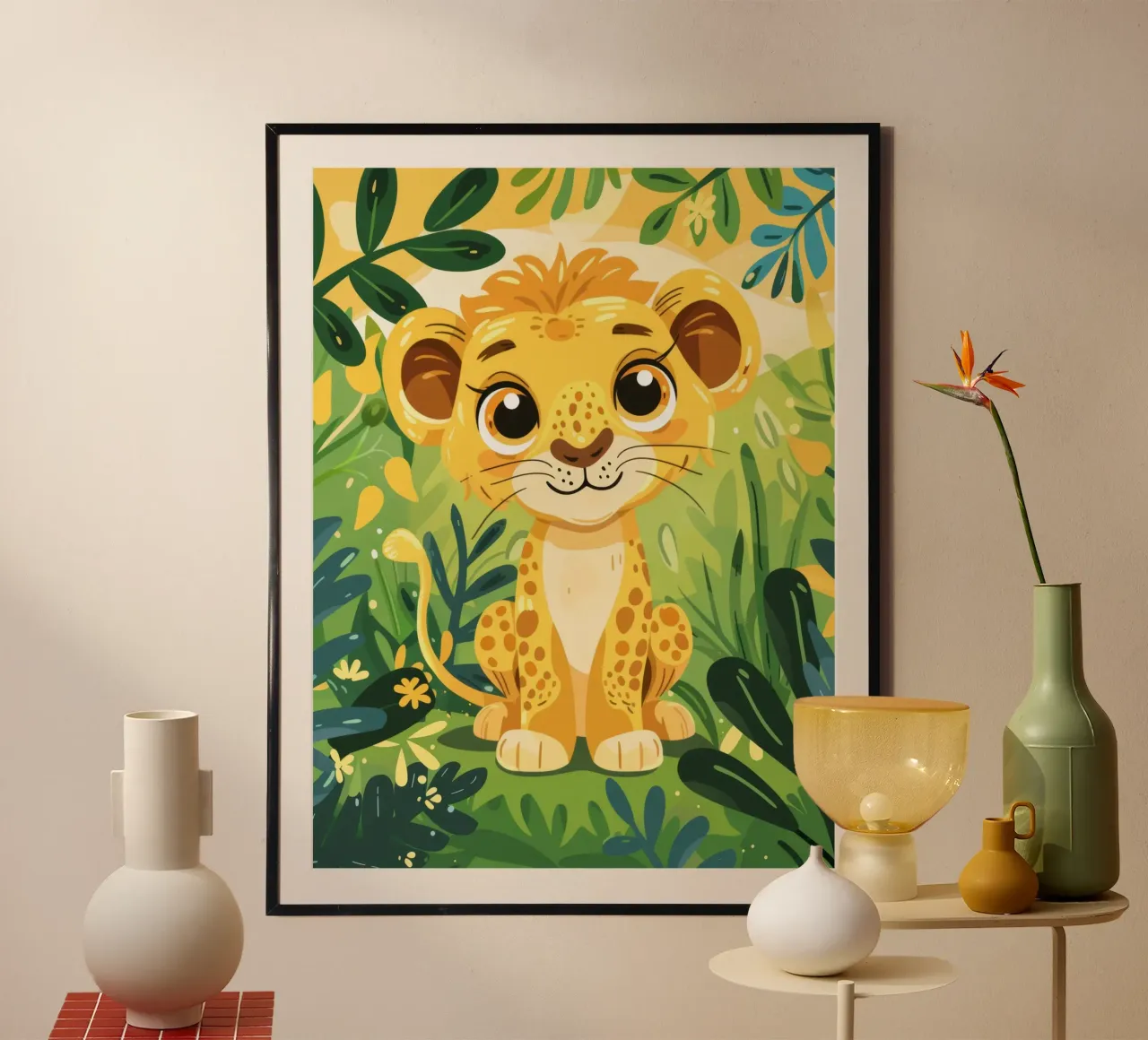 Schattig jong leeuwenwelpje omringd door weelderig groen gebladerte hahnemühle van DesignDoodle