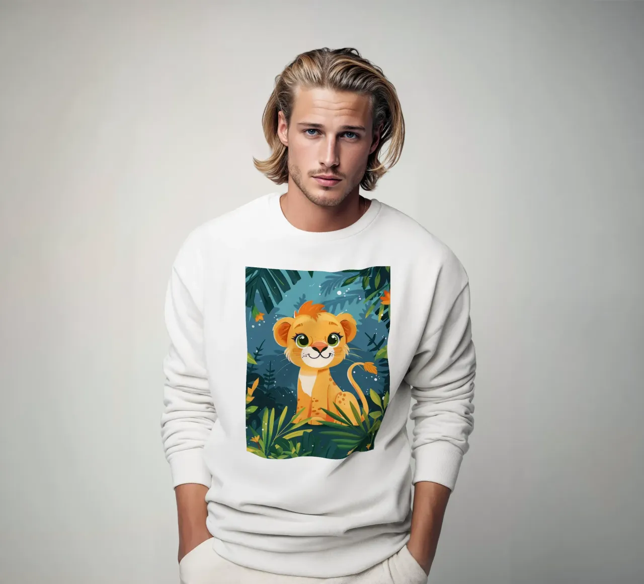 Schattig leeuwenwelpje zittend tussen weelderig gebladerte in tropisch oerwoud sweatshirt van DesignDoodle