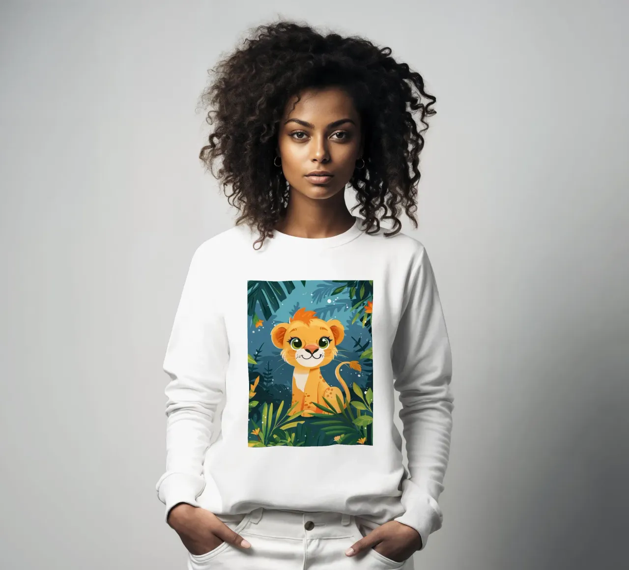 Schattig leeuwenwelpje zittend tussen weelderig gebladerte in tropisch oerwoud sweatshirt van DesignDoodle