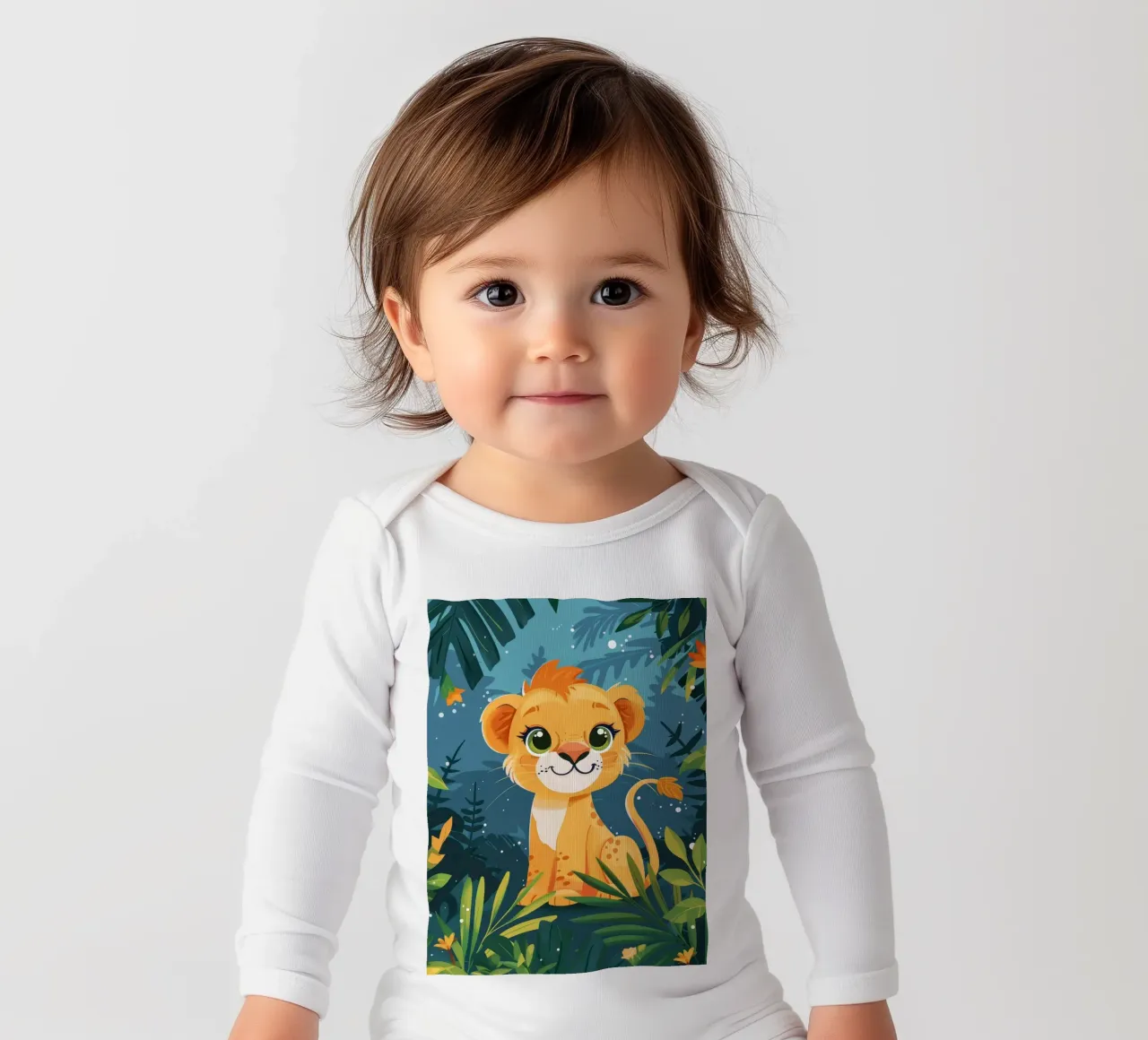 Niedliches Löwenjunges sitzt inmitten von üppigem Laub im tropischen Dschungel Langarm Babybody von DesignDoodle