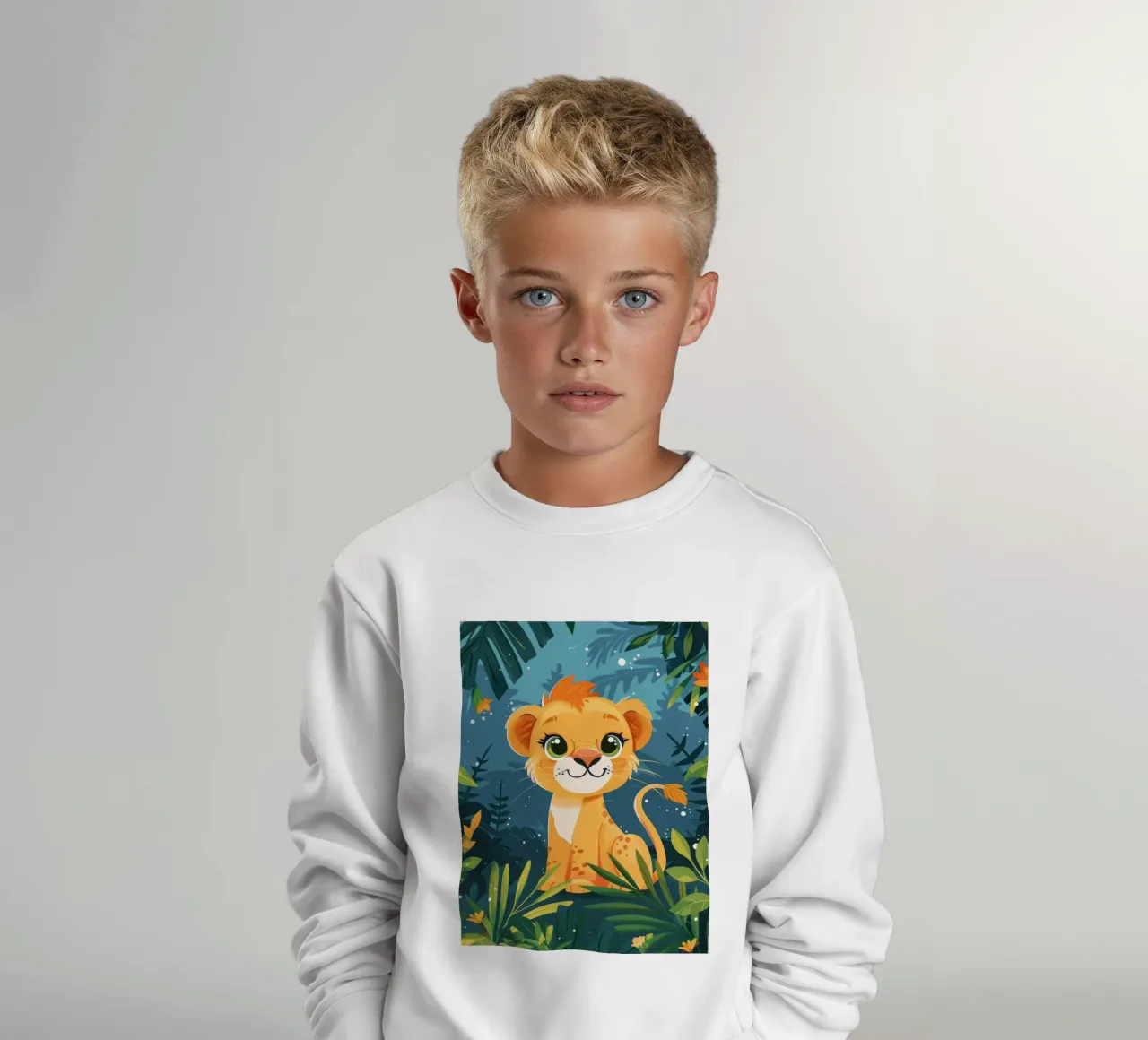 Schattig leeuwenwelpje zittend tussen weelderig gebladerte in tropisch oerwoud kinder sweatshirt van DesignDoodle