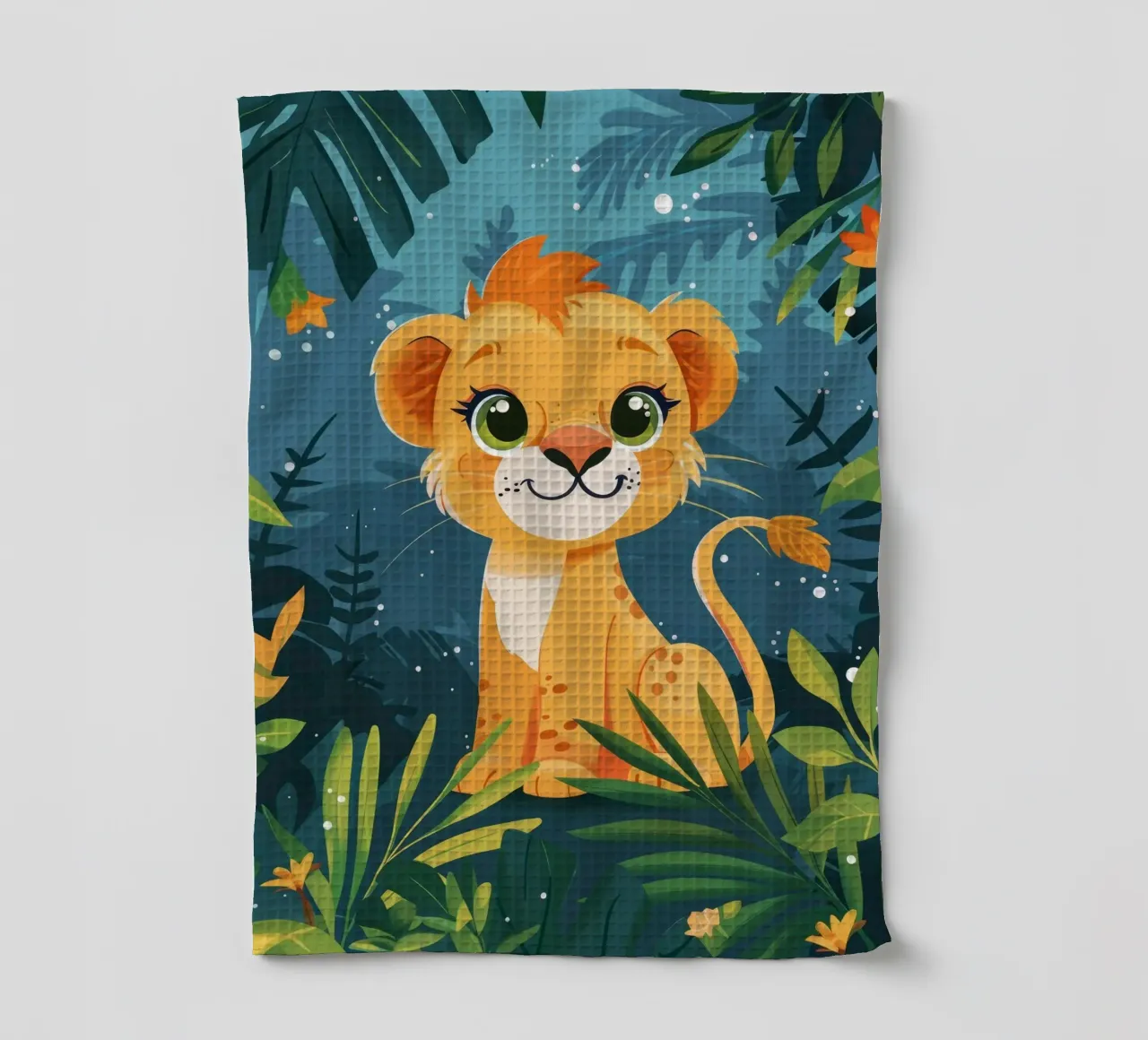 Schattig leeuwenwelpje zittend tussen weelderig gebladerte in tropisch oerwoud theedoek van DesignDoodle