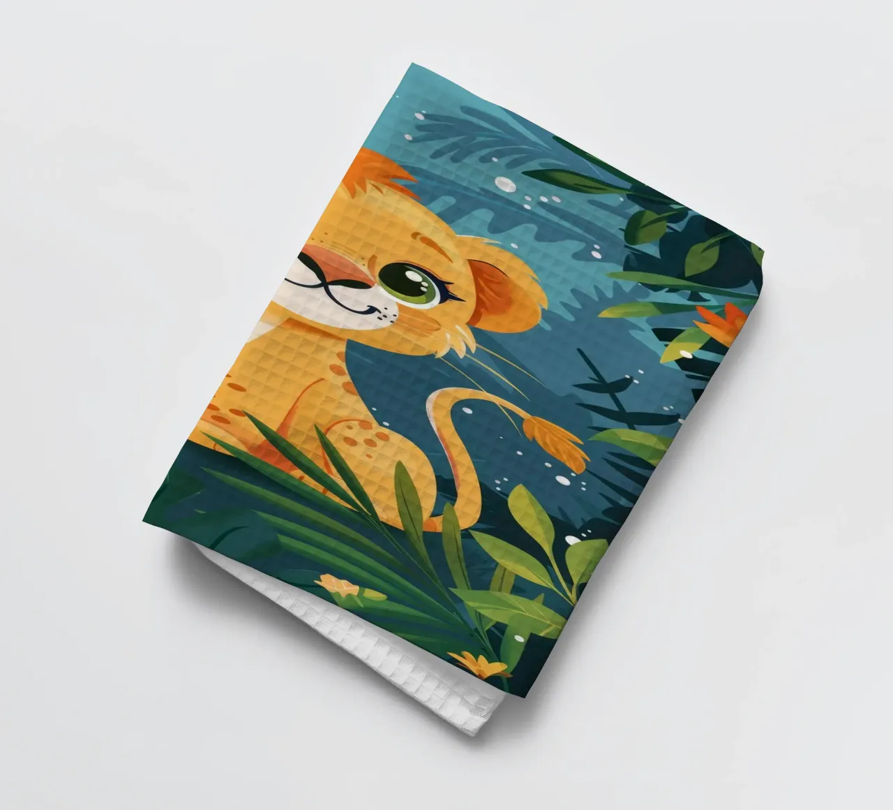 Schattig leeuwenwelpje zittend tussen weelderig gebladerte in tropisch oerwoud theedoek van DesignDoodle