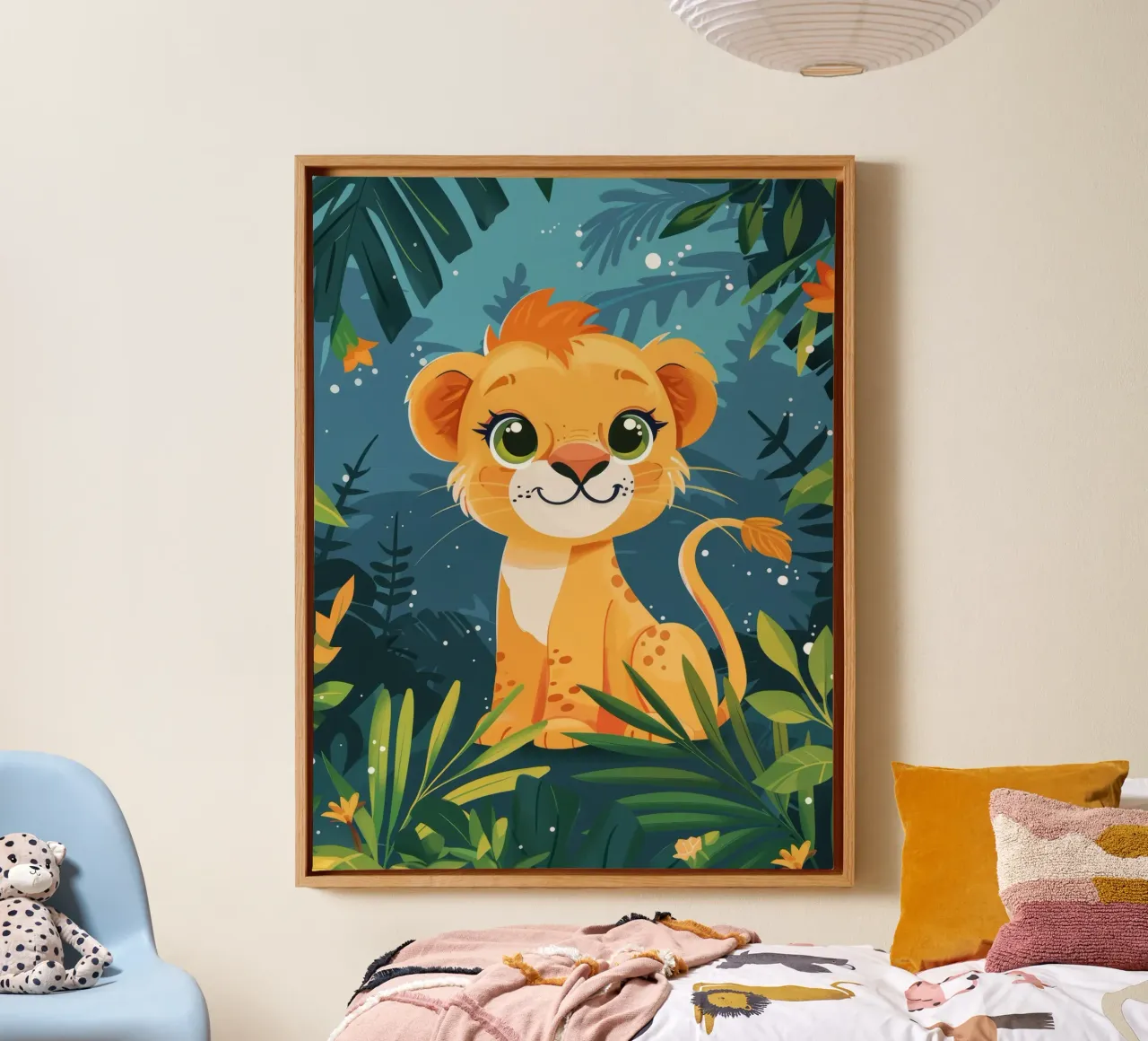 Schattig leeuwenwelpje zittend tussen weelderig gebladerte in tropisch oerwoud canvas van DesignDoodle