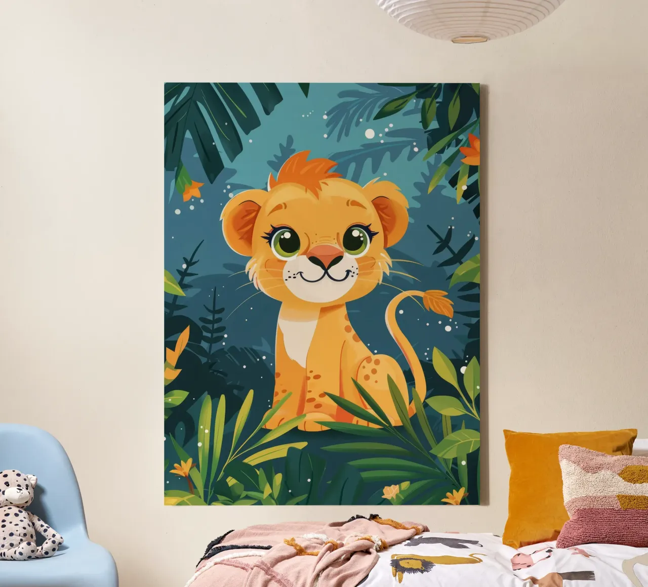 Schattig leeuwenwelpje zittend tussen weelderig gebladerte in tropisch oerwoud canvas van DesignDoodle