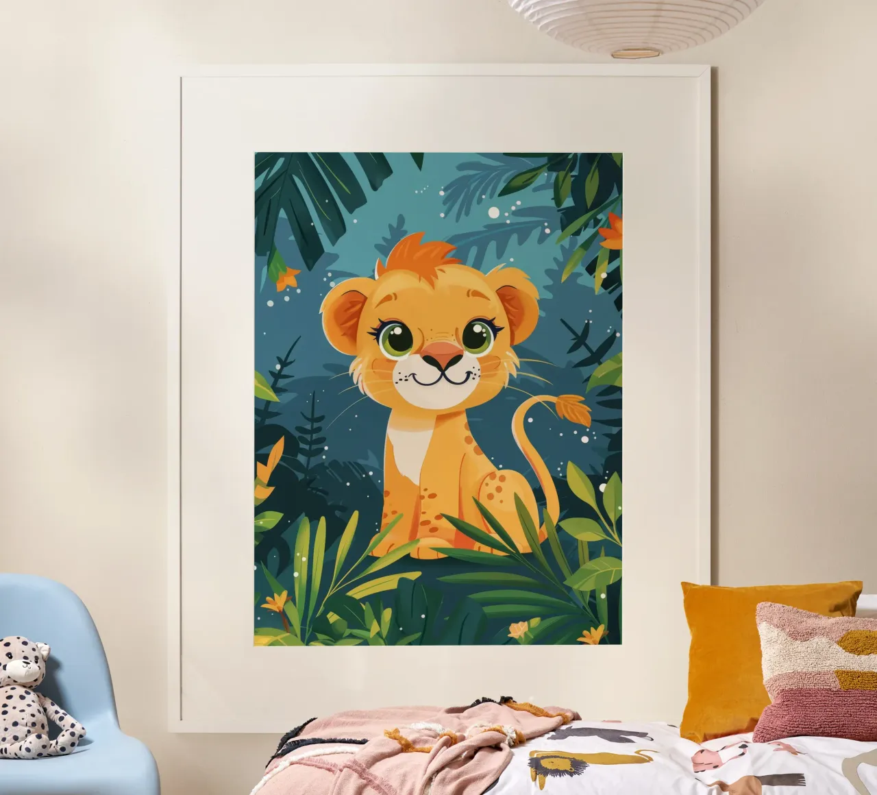 Schattig leeuwenwelpje zittend tussen weelderig gebladerte in tropisch oerwoud poster van DesignDoodle