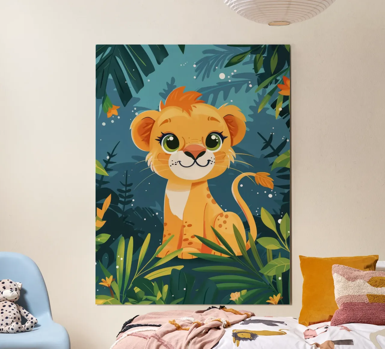 Schattig leeuwenwelpje zittend tussen weelderig gebladerte in tropisch oerwoud poster van DesignDoodle