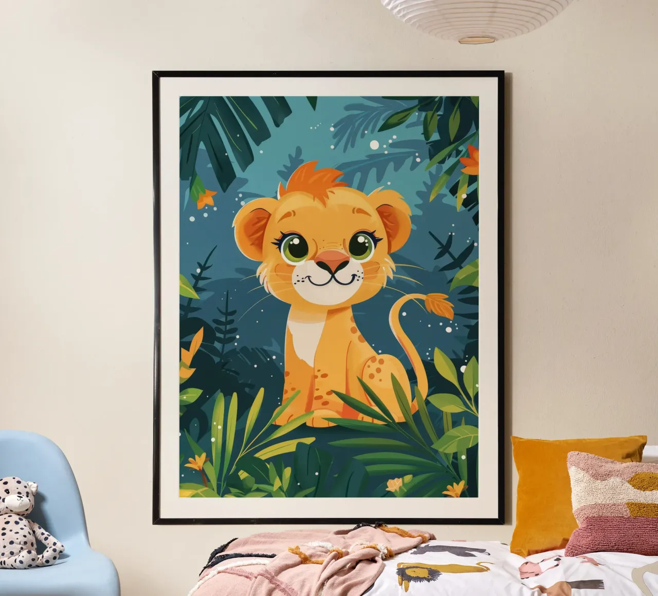 Schattig leeuwenwelpje zittend tussen weelderig gebladerte in tropisch oerwoud poster van DesignDoodle
