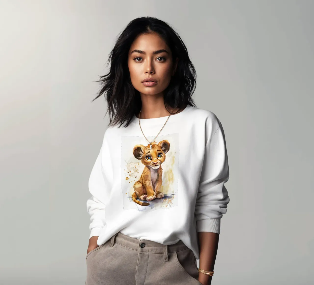 Schattige leeuwenwelp illustratie met expressieve ogen en speels sweatshirt van DesignDoodle