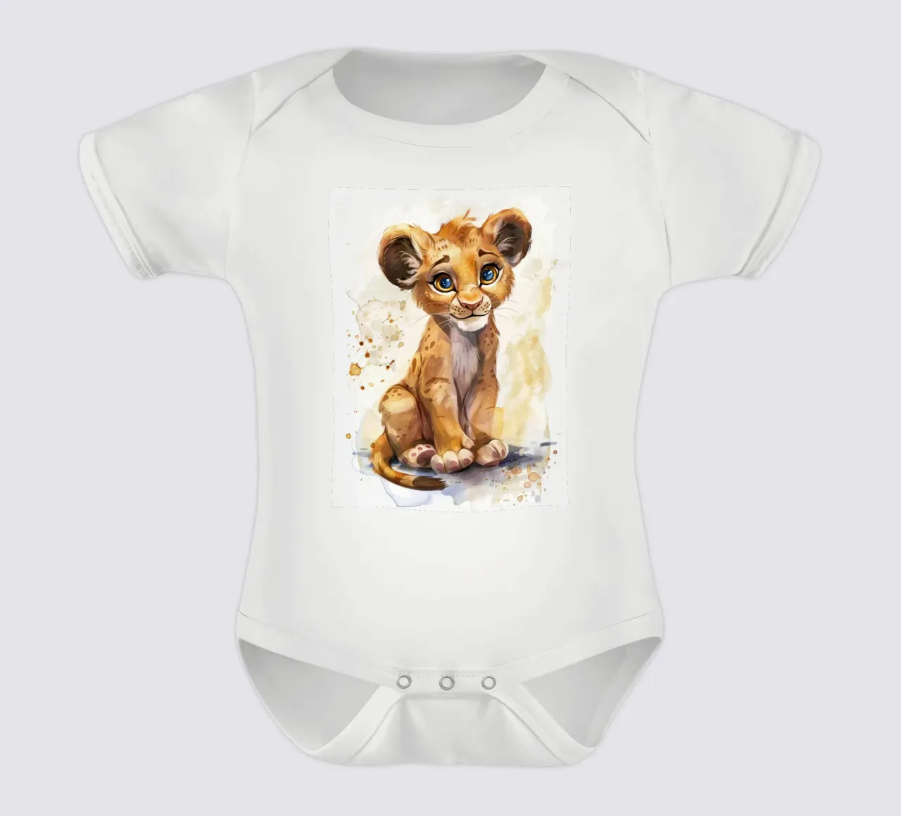 Schattige leeuwenwelp illustratie met expressieve ogen en speels babyrompertje korte mouwen van DesignDoodle