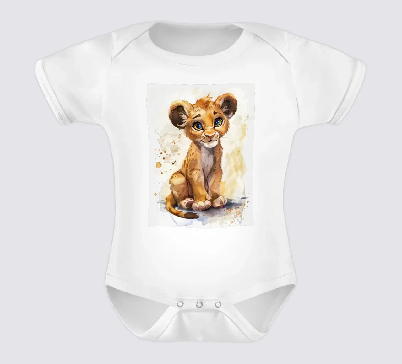 Schattige leeuwenwelp illustratie met expressieve ogen en speels babyrompertje korte mouwen van DesignDoodle