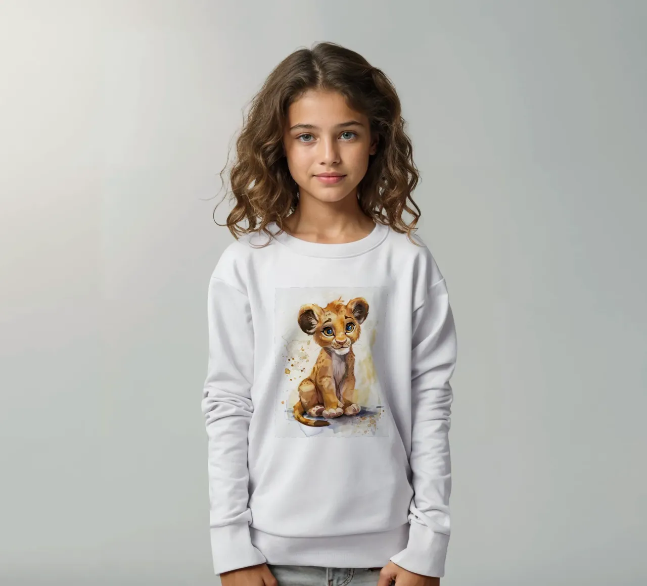 Schattige leeuwenwelp illustratie met expressieve ogen en speels kinder sweatshirt van DesignDoodle