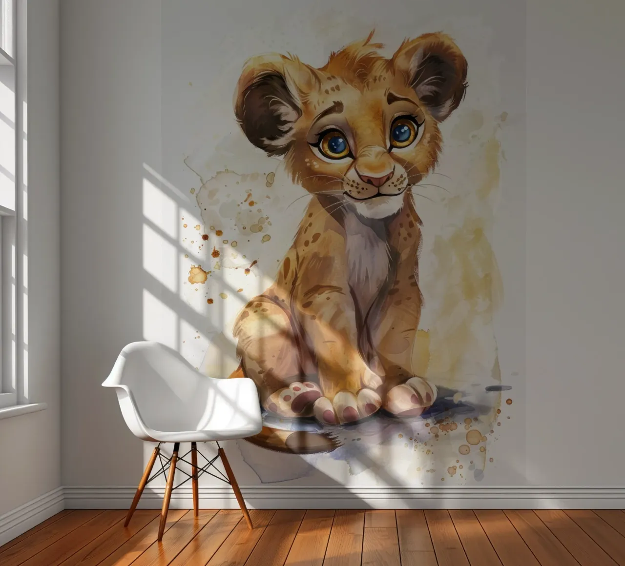 Schattige leeuwenwelp illustratie met expressieve ogen en speels fotobehang van DesignDoodle