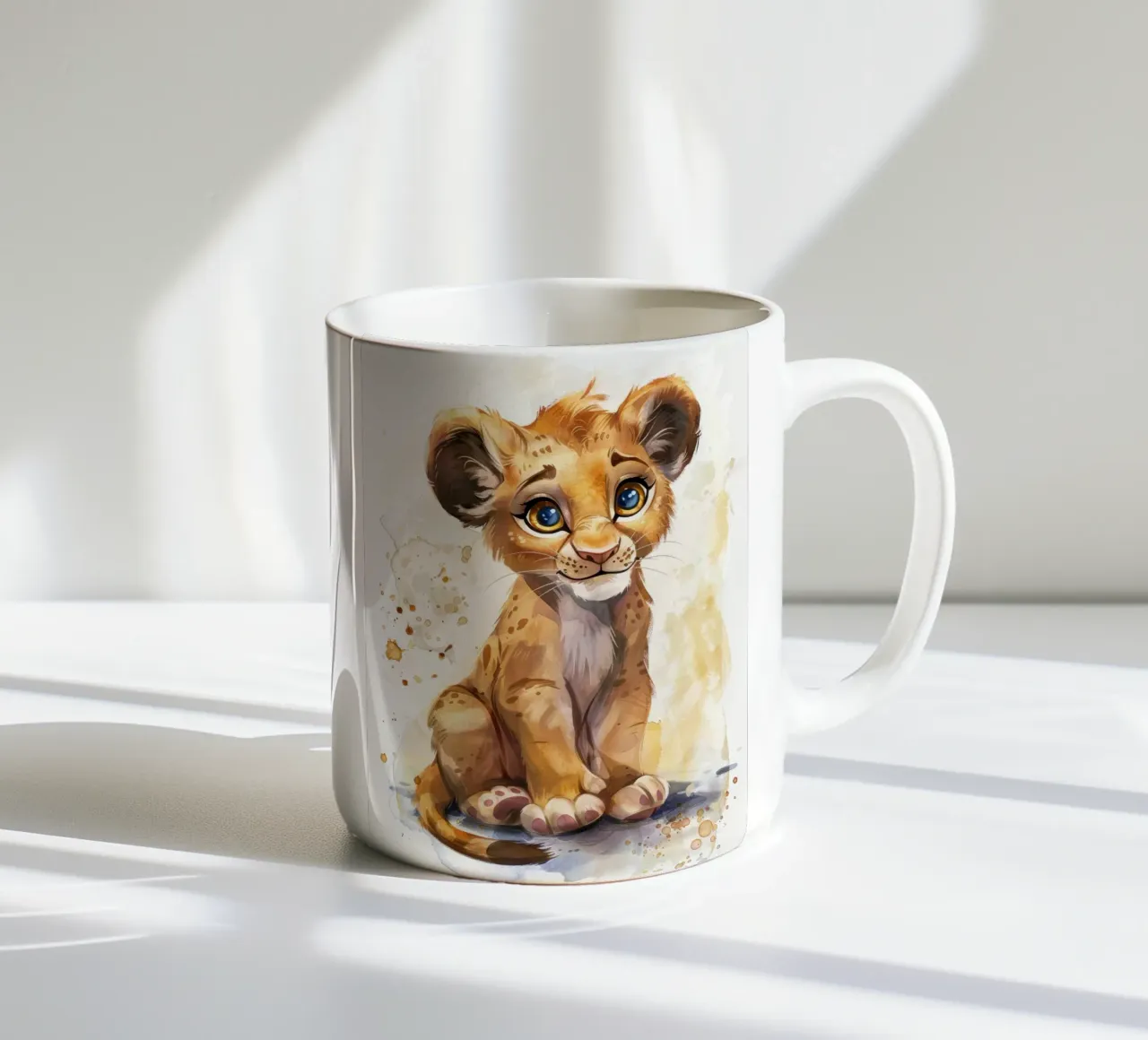 Schattige leeuwenwelp illustratie met expressieve ogen en speels keramische mok van DesignDoodle