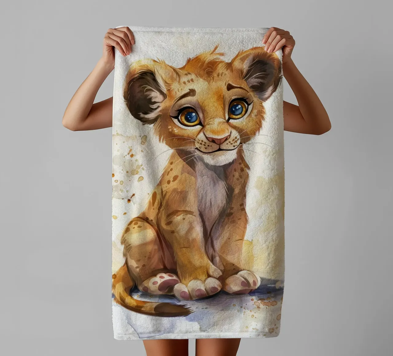 Schattige leeuwenwelp illustratie met expressieve ogen en speels badhanddoek van DesignDoodle