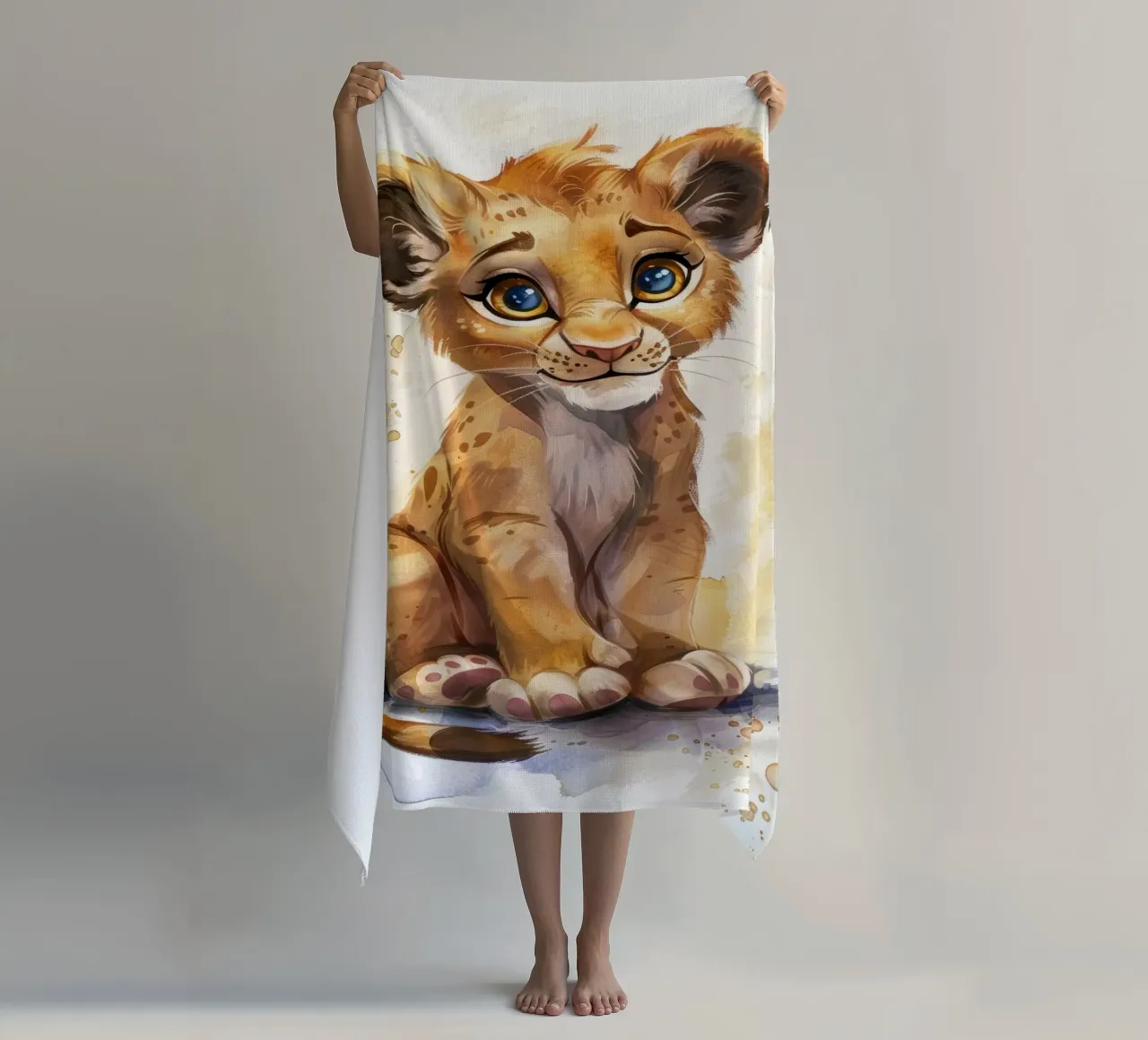 Schattige leeuwenwelp illustratie met expressieve ogen en speels strandhanddoek van DesignDoodle