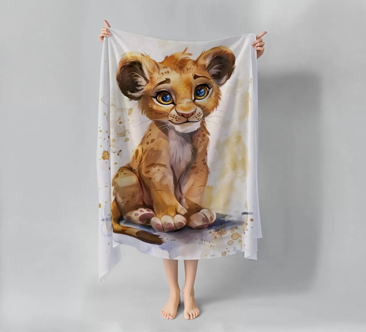 Schattige leeuwenwelp illustratie met expressieve ogen en speels strandhanddoek van DesignDoodle