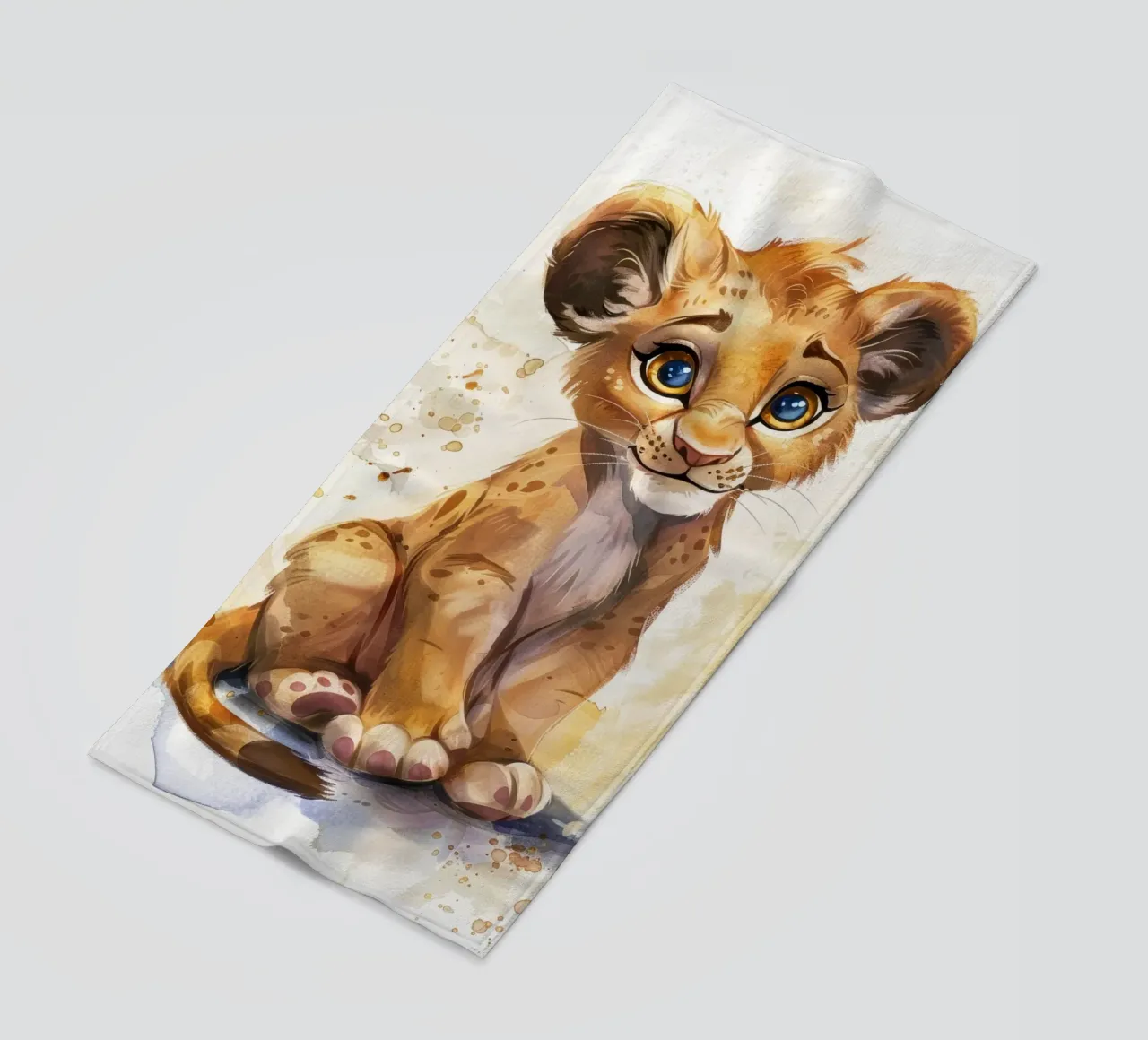 Schattige leeuwenwelp illustratie met expressieve ogen en speels strandhanddoek van DesignDoodle