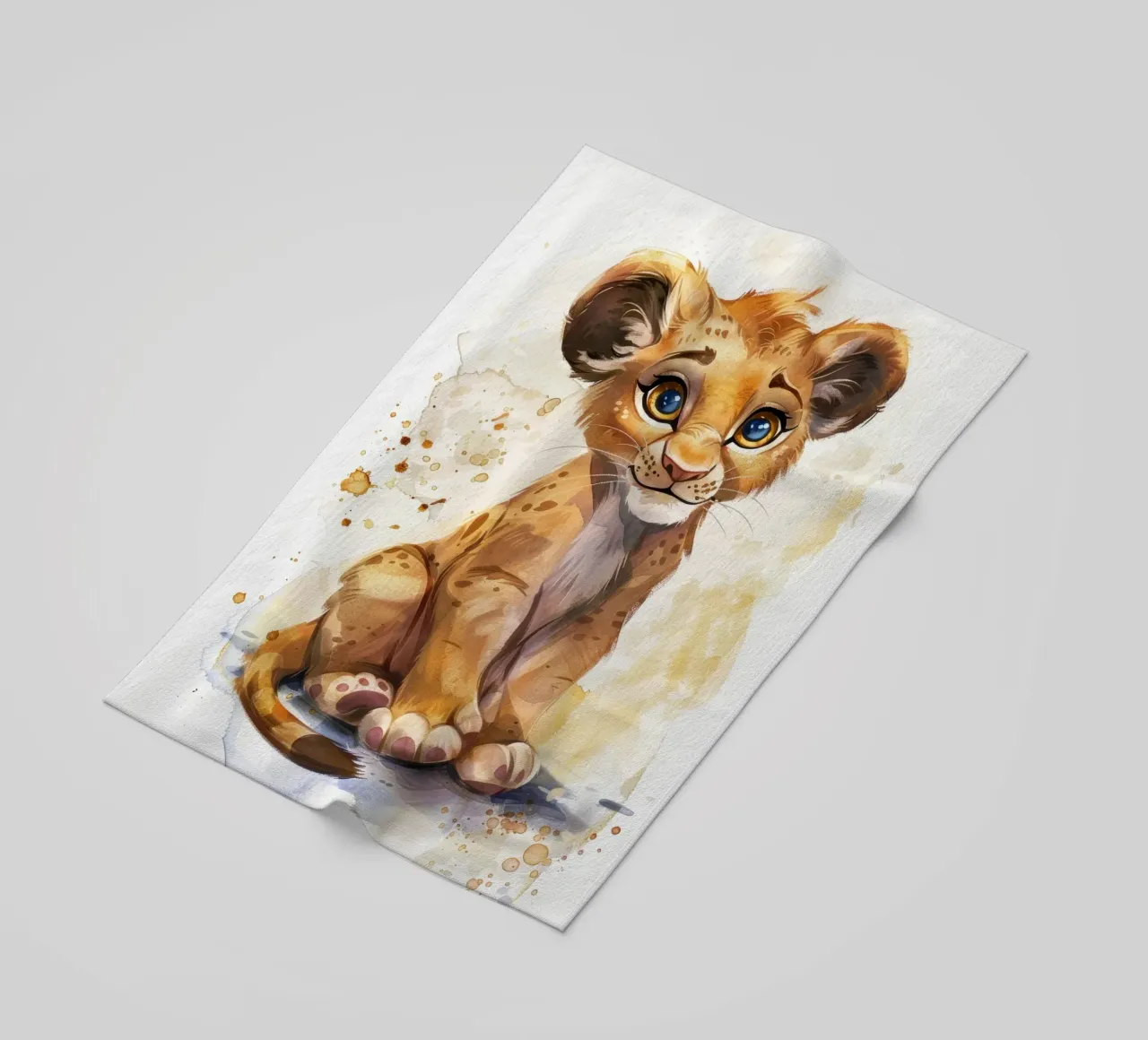 Schattige leeuwenwelp illustratie met expressieve ogen en speels strandhanddoek van DesignDoodle