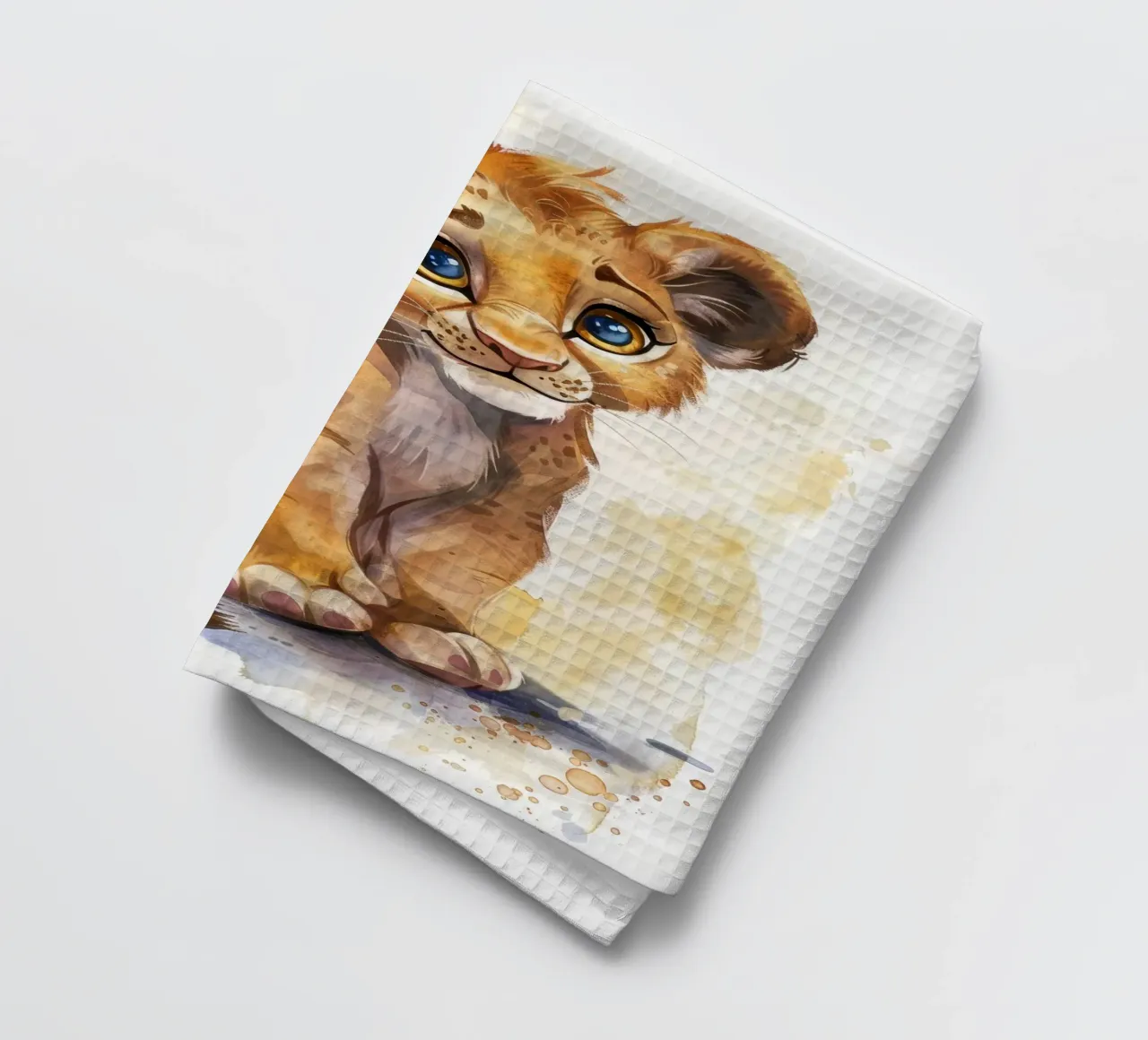 Schattige leeuwenwelp illustratie met expressieve ogen en speels theedoek van DesignDoodle