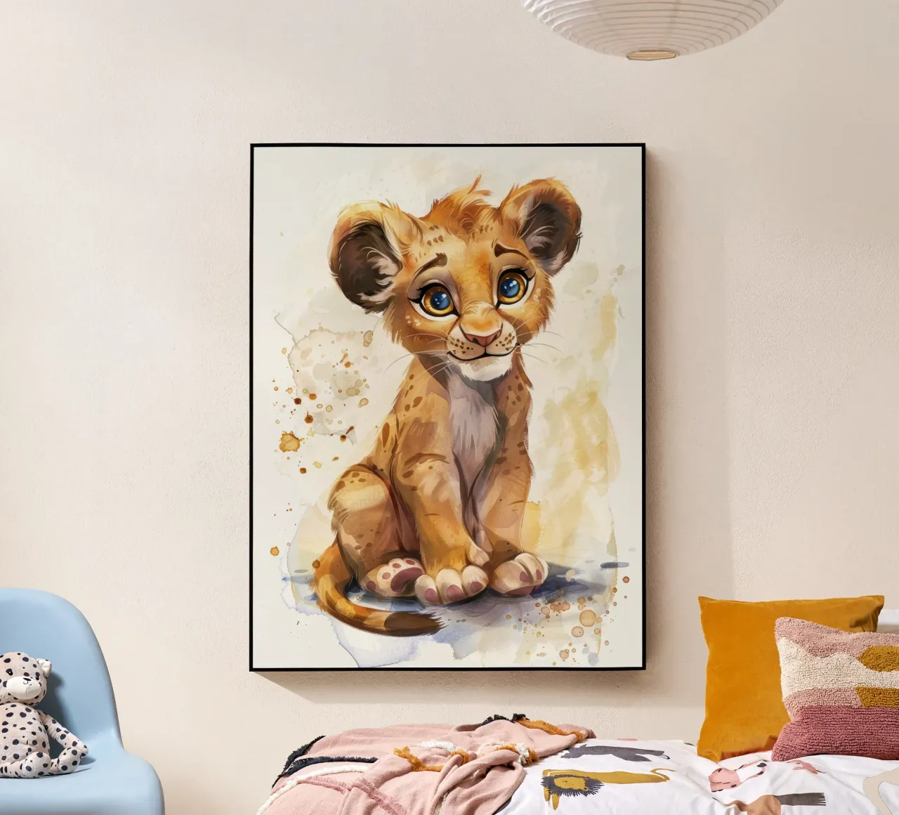 Schattige leeuwenwelp illustratie met expressieve ogen en speels acryl van DesignDoodle