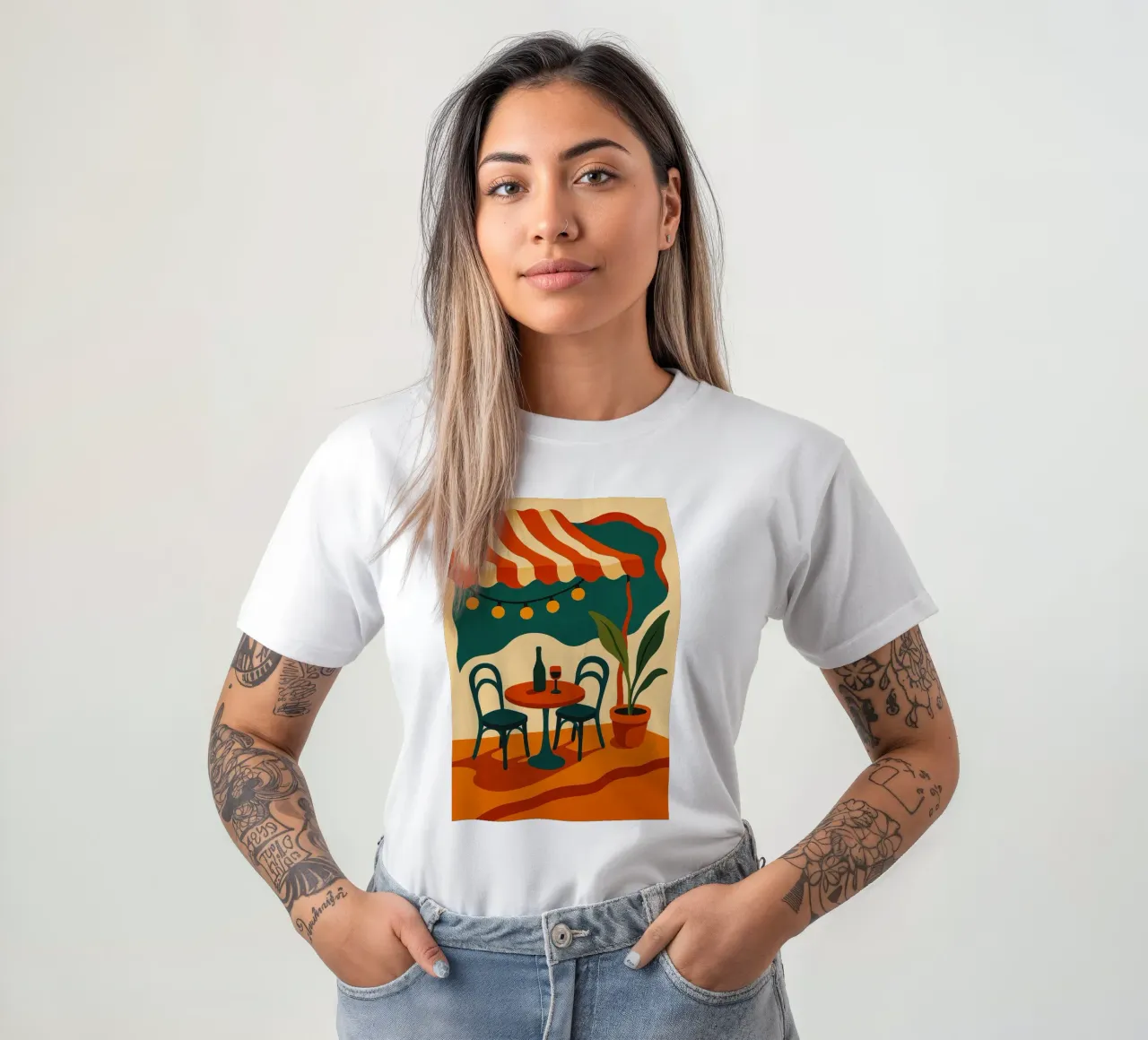Patio retrò sotto una tenda da sole a strisce t-shirt da Boissons - Affiches & posters - Retro