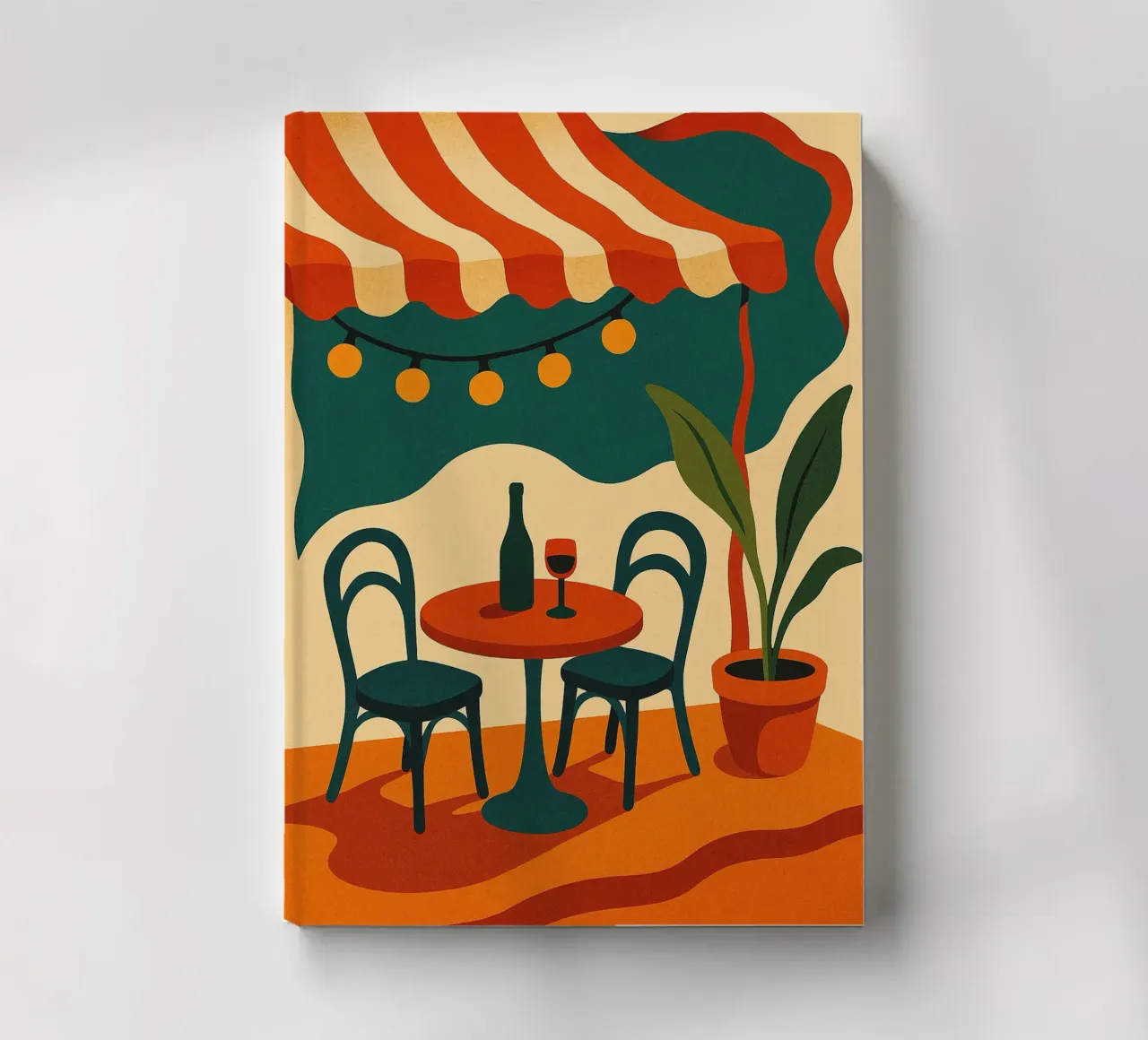 Retro patio under a striped awning notebook by Boissons - Affiches & posters - Retro