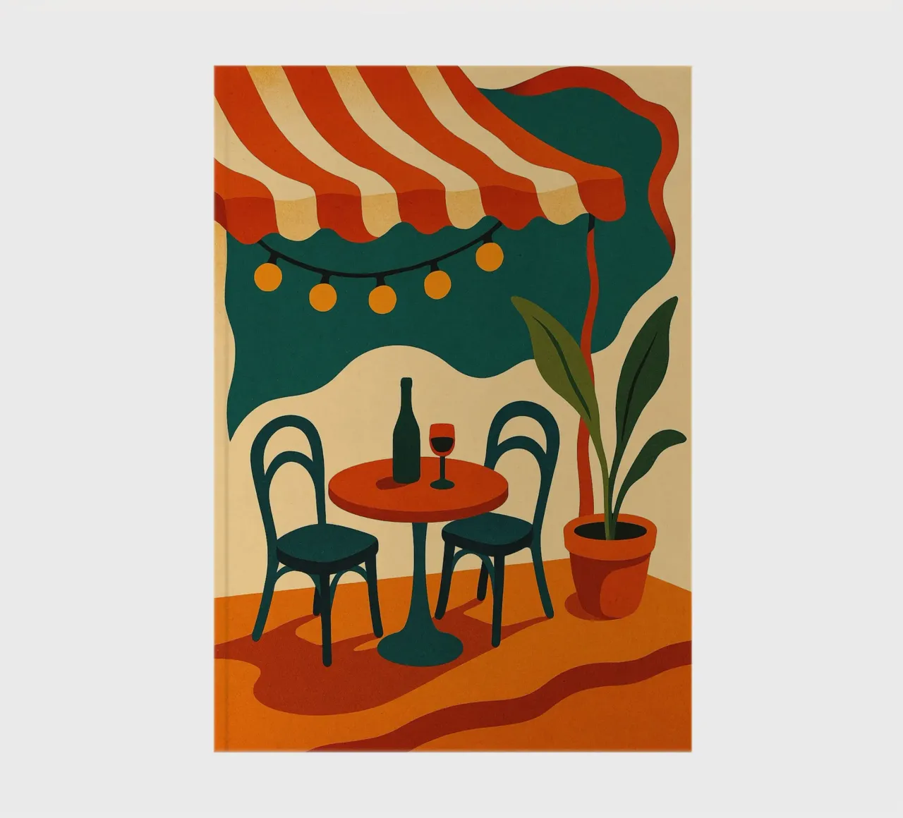 Retro patio under a striped awning notebook by Boissons - Affiches & posters - Retro