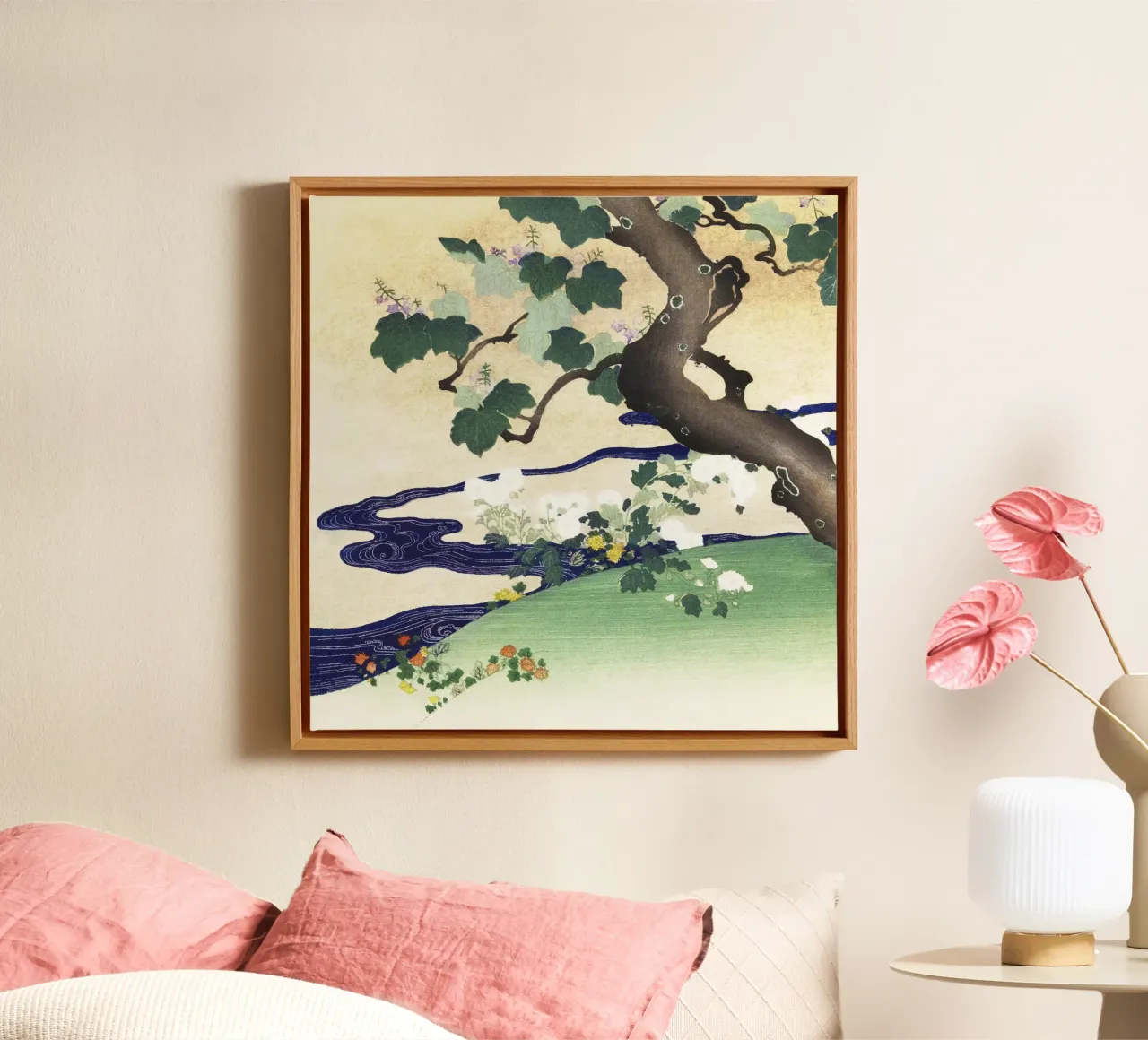 Tree and Chrysanthemums (1890–1900) by Kogyo Tsukioka canvas with Floater frame by Venus Art