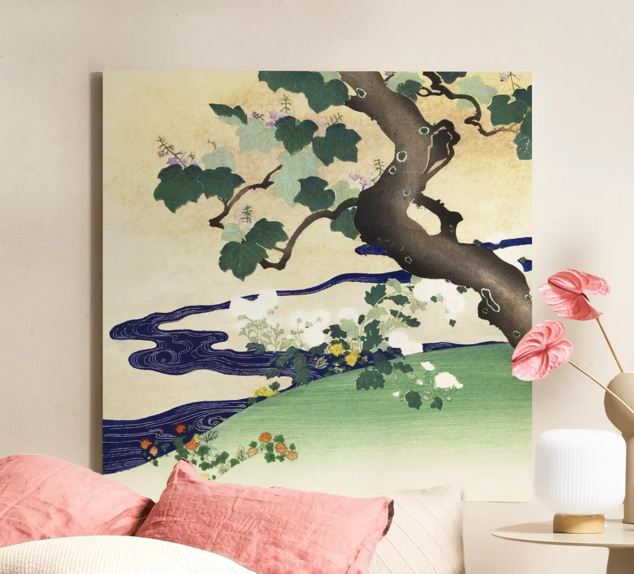 Tree and Chrysanthemums (1890–1900) by Kogyo Tsukioka canvas with Floater frame by Venus Art