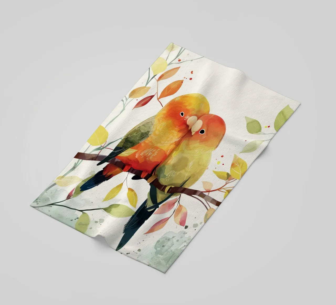 Inseparabili colorati appollaiati su un ramo, affetto in natura telo mare da DesignDoodle