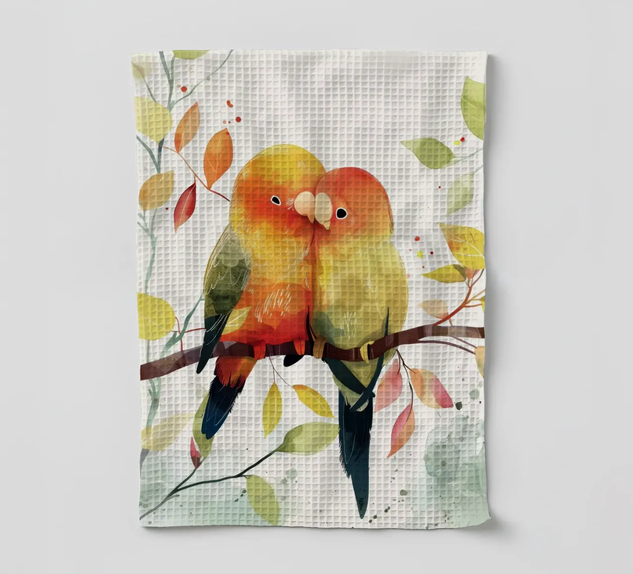 Inseparabili colorati appollaiati su un ramo, affetto in natura canovaccio da cucina da DesignDoodle