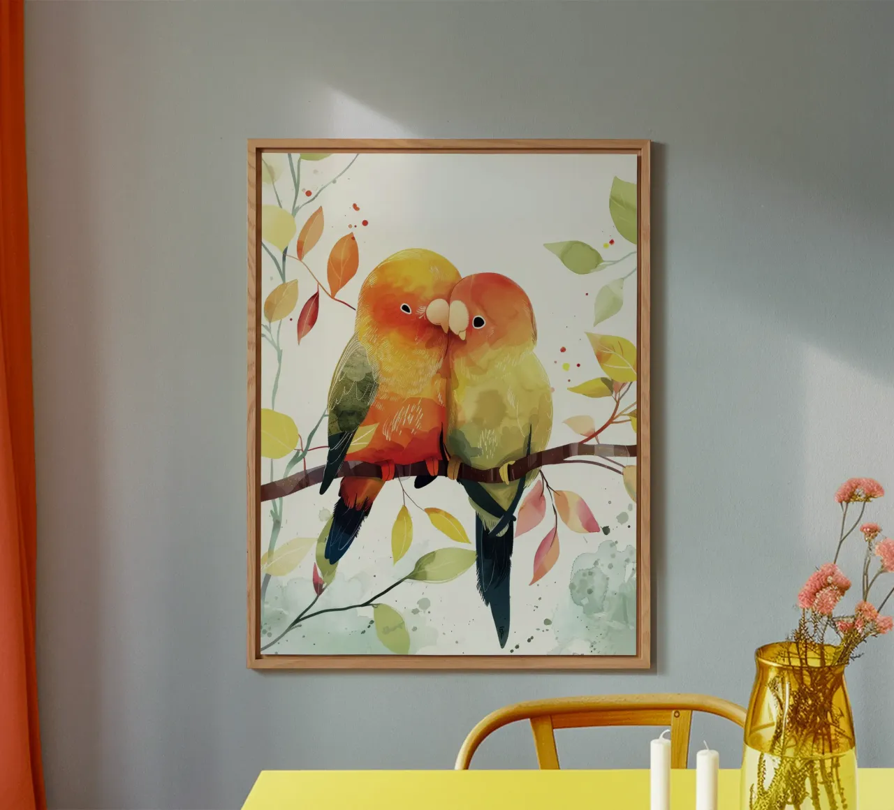 Inseparabili colorati appollaiati su un ramo, affetto in natura alluminio dibond da DesignDoodle