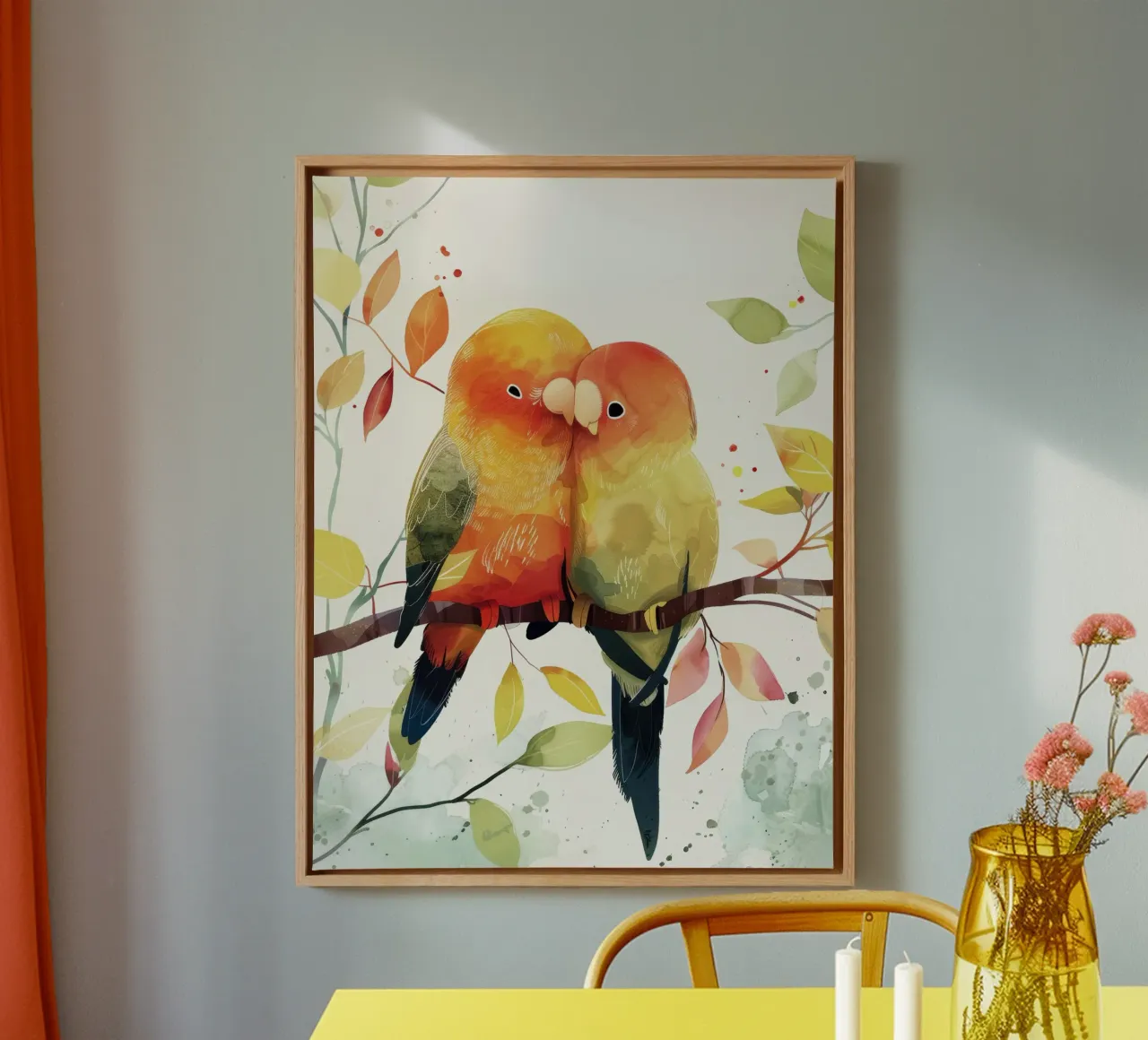 Inseparabili colorati appollaiati su un ramo, affetto in natura tela con Cornice a cassetta da DesignDoodle