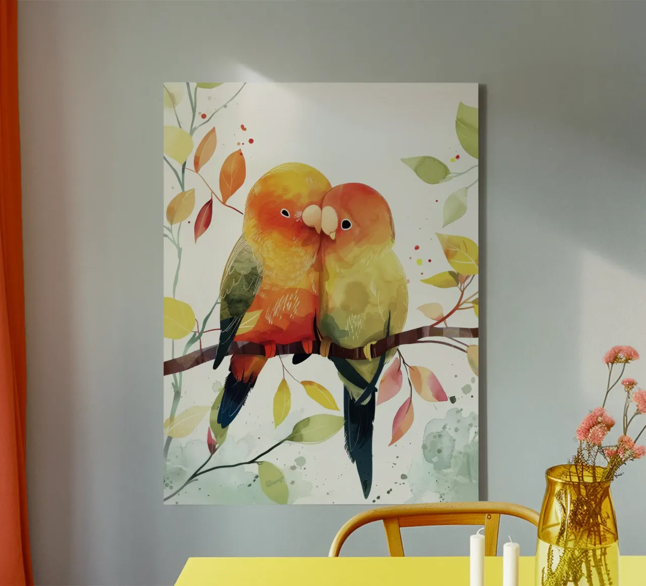 Inseparabili colorati appollaiati su un ramo, affetto in natura tela con Cornice a cassetta da DesignDoodle