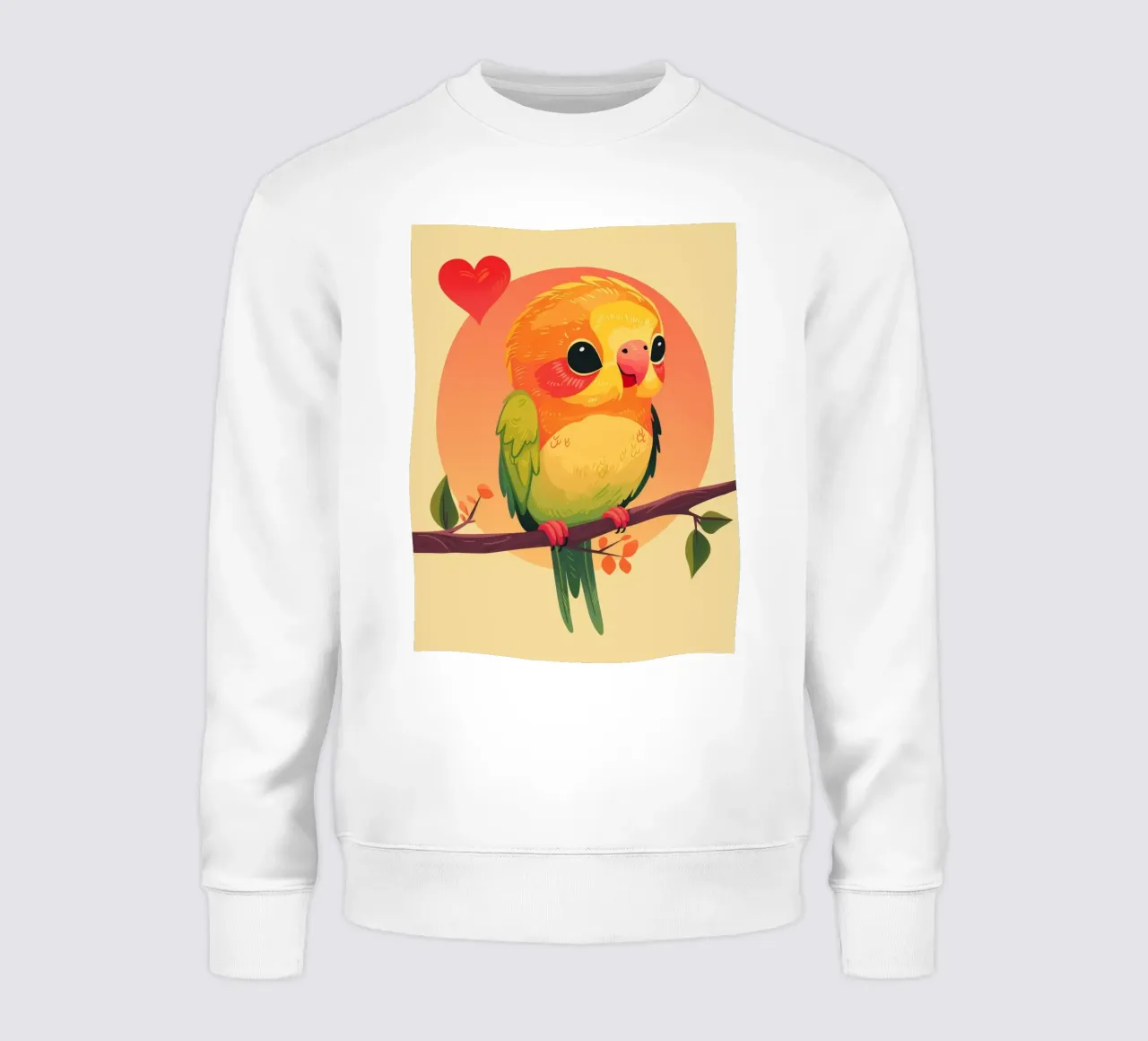 Cartone animato pappagallo carino su un ramo con cuore in background felpa da DesignDoodle