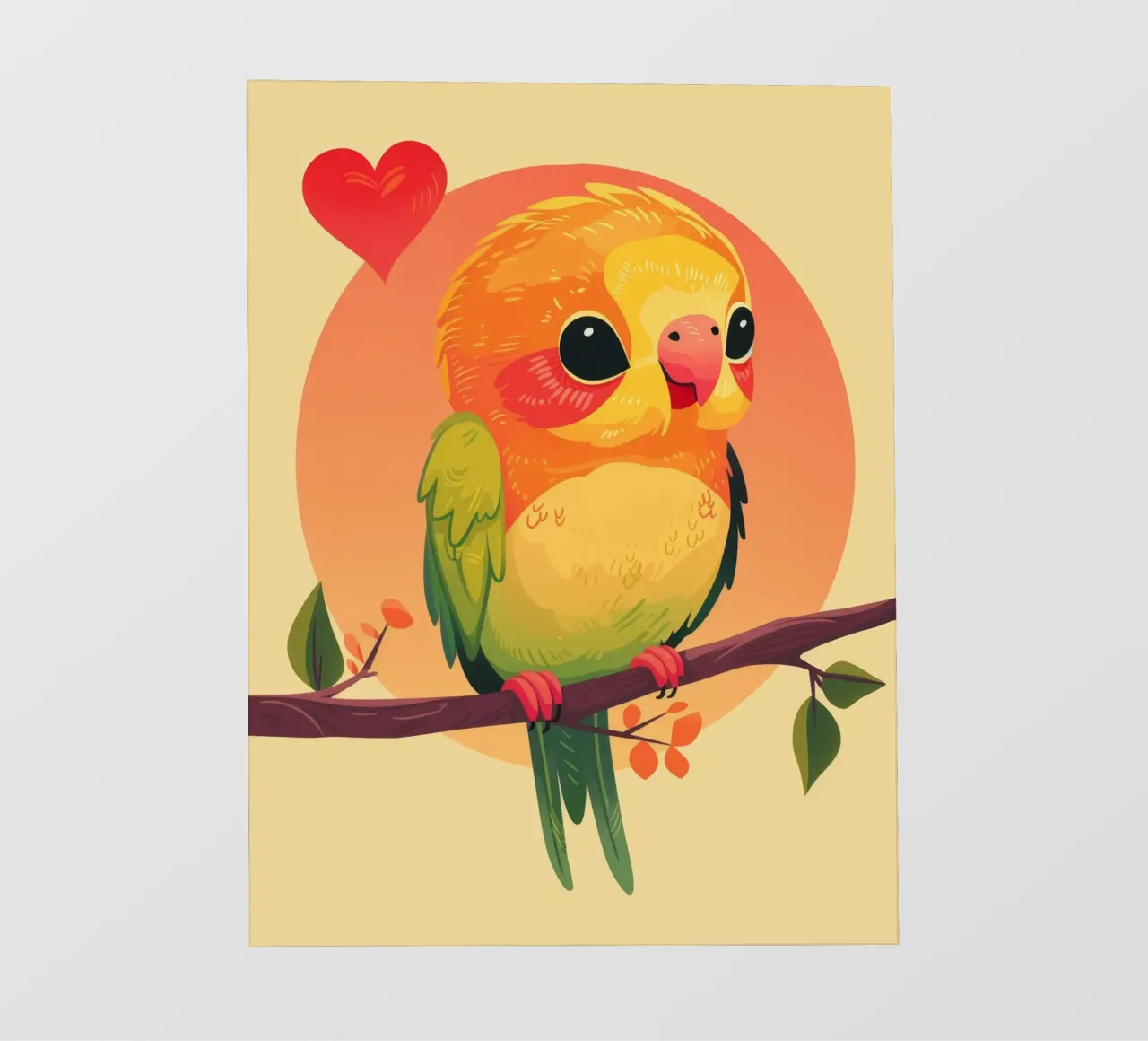 Cartone animato pappagallo carino su un ramo con cuore in background telo in pvc da DesignDoodle